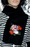 Day of the Dead Sugar Skull Embroidered Black Fleece Scarf